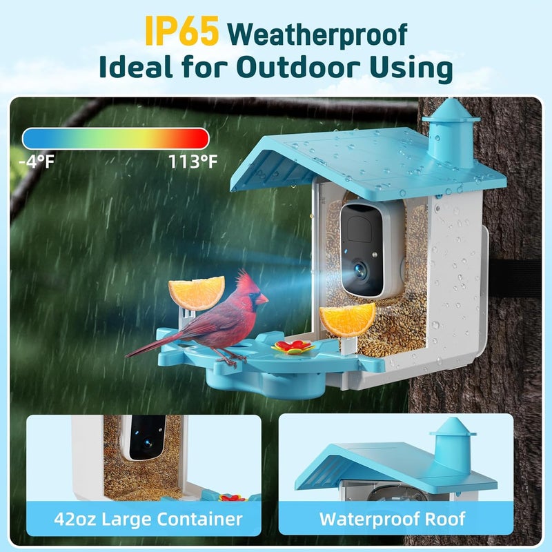 INKCKU Smart Bird Feeder with Camera, Solar Powered WiFi WildBird Watching Camera with AI Bird Recognition, 2K Auto Capture, Vicohome App Alerts, Outdoor Garden Decor Gift for Dad Mom BirdLovers (Blue) - Image 5